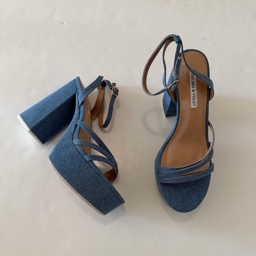 Chelsea & Violet Denim Blue Strappy Platform Heels Sandals - Picture 2 of 6